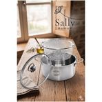 Sally Home Paslanmaz Çelik 3 Parça Cam Kapaklı Kızartma Tenceresi - Süzgeçli Derin Patates Kızartma Fritöz Tencere Seti