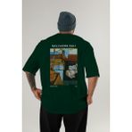 Salvador Dali Arka Baskılı Oversize T-Shirt Erkek Kadın Bisiklet Yaka Pamuk Tişort - Zümrüt Yeşili - XL