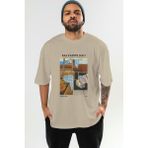 Salvador Dali Ön Baskılı Oversize T-Shirt Erkek Kadın Bisiklet Yaka Pamuk Tişort - Bej