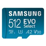 SAMSUNG EVO Select MicroSD Hafıza Kartı + Adaptör, 512 GB microSDXC, 160 MB/s'ye Kadar Hızlar, UHS-I, C10, U3, V10, A2, Telefonlar, Tabletler, Nintendo Anahtarı, MB-ME512SA/AM için Yükseltme Depolama