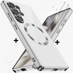 Samsung Galaxy S24 Ultra Kılıf Magsafe Şarj Destekli Renkli Parlak Kenarlı Arkası Şeffaf Silikon + Ekran Koruyucu Cam Set 2in1 - Gri