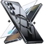 Samsung Galaxy S24 Ultra Kılıf Magsafe Şarj Destekli Renkli Parlak Kenarlı Arkası Şeffaf Silikon + Ekran Koruyucu Cam Set 2in1 - Siyah