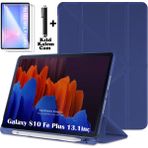 Samsung Galaxy Tab S10 Fe Plus 13.1 Inç 2025 Kılıf Kalem Bölmeli Katlanabilir Standlı Yumuşak Silikon Kapak + Ekran Koruyucu Cam + Dokunmatik Kalem 3in1 Set SM-X620 X626B - Galaxy S10 Fe Plus 13.1 inç - Lacivert