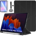 Samsung Galaxy Tab S10 Fe Plus 13.1 Inç 2025 Kılıf Kalem Bölmeli Katlanabilir Standlı Yumuşak Silikon Kapak + Ekran Koruyucu Cam + Dokunmatik Kalem 3in1 Set SM-X620 X626B - Galaxy S10 Fe Plus 13.1 inç - Siyah