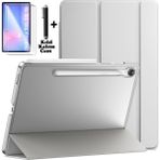 Samsung Galaxy Tab S10 Fe Plus 13.1 Inç 2025 Tablet Kılıfı Akıllı Smart Uyku Modlu Katlanabilir Arkası Renkli Şeffaf Standlı Kılıf + Ekran Koruyucu Cam + Kalem 3'lü Set SM-X620 X626B - Açık Gri