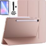 Samsung Galaxy Tab S10 Fe Plus 13.1 Inç 2025 Tablet Kılıfı Akıllı Smart Uyku Modlu Katlanabilir Arkası Renkli Şeffaf Standlı Kılıf + Ekran Koruyucu Cam + Kalem 3'lü Set SM-X620 X626B - Rose Gold
