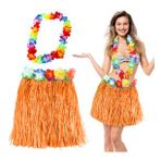 Samur Hawaii Luau Aloha Turuncu Püsküllü 40 cm Etek ve Hawaii Kolye Seti