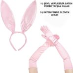 samur parti parti aksesuar & kostüm Saten Kaplama Soft Pembe Eldiven 40 cm ve Tavşan Kulak 2 li Set