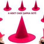 Samur Yetişkin Çocuk Uyumlu 6 Adet Pembe Fuşya Renk Keçe Cadı Şapkası
