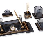 SANATBLOĞU Vip Ofis Masa İsimlik Hediye Kristal Sümen Takımı Özel Kutulu Füme Desenli Gold Set CLK-2105