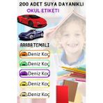 sanatıbedi 200 Adet Suya Dayanıklı Kişiye Özel Okul Etiket Seti - Kalem Defter Kitap Stickerı - araba