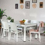 Sandalie Rattan Large Camlı Beyaz Masa Takımı Bahçe ve balkon 1 Camlı Masa + 6 Sandalye