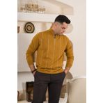 San&fa Çizgili Balıkcı Yaka Fermuarlı Regular Fit Erkek Triko Kazak - M - Hardal