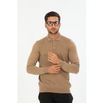 San&fa Triko Battal Büyük Beden Polo Yaka Kendinden Desenli Erkek Kazak KAHVERENGİ 3XL
