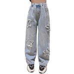 SANGTREE Kız Çocuk Günlük Geniş Paça Kot Pantolon, 4-14 Yaş S-XL, Yıldız yama Açık Mavi, XL