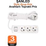 ŞANLED Grup Priz Topraklı 3'lü Çoklu Anahtarlı Priz Seyyar Ara Uzatma Kablosu Kablo 3 Metre - Beyaz