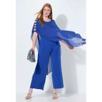 Şans Kadın Büyük Beden Mavi, Tek Parça Jarse, Şifon Üst, Omuz Detaylı, Geniş Paça Abiye Tulum 65N39019 - 52 - 54