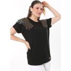 Şans Kadın Büyük Beden Saks Angels Taş Detaylı Kısa Kollu Bluz 65N37675 - 46 - Siyah