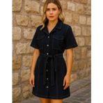 Şans Kadın Büyük Beden Siyah, Yıkamalı Denim Kumaş, Çift Çepli, Kısa Kol Kot Elbise 65N39155