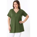 Şans Kadın Büyük Beden Yeşil, Reglan Kol, Ön Fermuar Detaylı Viskon Bluz 65N39136 - 46