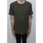 Santa Fistan Store Erkek Çizgili Spor Kesim Rahat Kalıp Bisiklet Yaka T-Shirt - Haki Yeşil - 3XL