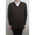 Santa Fistan Store Erkek Düz Klasik Kesim Rahat Kalıp V-Yaka Kışlık Kazak - Kahverengi - XL