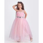 Sapes Model Sırt Gipeli Tüllü Kız Çocuk Askılı Saten Abiye MNK0618 Pembe - 8 Yaş
