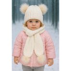 ŞAPKAKİDS KREM ÇİFT PONPONLU TRİKO ATKI BERE SET