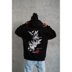 Şapkalı Güvercin Baskılı Kapşonlu Sweat - Siyah