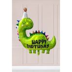 Şapkalı Yeşil Dinazor Balon Happy Birthday Yazılı Dinozor Folyo Balon - Çok Renkli