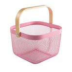 Saplı Çelik Hasır Saklama Sepeti Mutfak Banyo Kiler Rafları için Metal Nizer Kompakt 21x21x18 cm Şık Pembe Tasarım