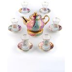Saray Ottoman El Boyaması Çay Seti Porselen Demlik, Kaide, Çay Tabağı ve Cam Çay Bardağı 6'lı Candy Yaldızlı - 1 Adet - Renkli - 1 lt