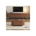 Sare trade MODERN CEVİZ LAMBRI DETAYLI OVAL ORTA SEHPA VE TV ÜNİTESİ SETİ
