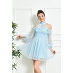 sarebutik Bebe Mavisi Tül Kısa Drapeli Büyük Beden Abiye Elbise