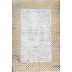 Sarı Çerçeveli Modern Geometrik Etnik Eskitme Desenli Boho Makinada Yıkanabilir Hafif Hav Toz Vermez Leke Tutmaz Kaymaz Taban Dijital Makine Baskı Halı Oturma Odası Salon Yolluk Koridor Mutfak Halısı