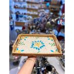 Sarı Mavi Dikdörtgen Rattan Tepsi 29X20CM - 1 Adet