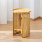 Sarı Rattan Yan Sehpa Yuvarlak Bambu Sehpa 2 Katlı Aperatif Kanepe Masası Küçük Komidin Oturma Odası ve Balkon için 39 cm Modern Ev Dekoru
