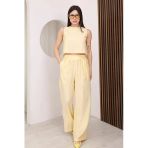 Sarı Sırtı Çapraz Bağcıklı Crop Bluz & Yüksek Bel Palazzo Pantolon Alt Üst Takım