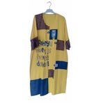Sarı Uzun Elbise, Kareli Patchwork Detaylı, Mavi Denim Parçalı, V Yaka, 3/4 Kol