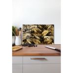 Sarı Yapraklar Cam Kesme Tahtası, Silikon Ayaklı, Isıya Kırılmaya Dayanıklı, Sunum Kesim Tablası - 30 x 45 cm