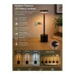 Şarjlı Led Masa Lambası Dokunmatik Dimmerli 3 Renk Modlu Type-C Şarjlı Metal Gövdeli Dekoratif Gece Lambası