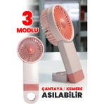 Şarjlı Mini El Fanı Standlı Çantaya Kemere Asılabilir, 3 Modlu Güçlü Serinletici Vantilatör Pervane - Pembe