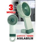 Şarjlı Mini El Fanı Standlı Çantaya Kemere Asılabilir, 3 Modlu Güçlü Serinletici Vantilatör Pervane - Yeşil