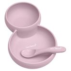Saro Silikon Bebek İkiz Tabak Kase ve Kaşık Seti Pembe Antibakteriyel ve Dayanıklı