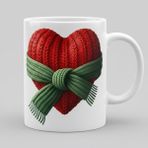 Sartre Art Cozy Örgü Kalp Kupa - Kış Romantik Kırmızı Kalp Yeşil Fiyonklu Hediye Mug - 001 - Beyaz - 330 ml