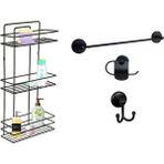 Sas - Banyo Aksesuar 4'lü Set Düz Duş Rafı + Havluluk + Askılık + Tuvalet Kağıtlığı - Siyah