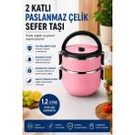 Sas Haus 2 Katlı 1.2 Litre Paslanmaz Çelik Sefer Tası Sızdırmaz Kapaklı Yemek Taşıma Kabı Bento Lunch Box 304 Çelik Pembe