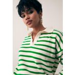 Sateen 678 137 1503 Elma Yeşilı Krem Kadın Çizgili Polo Yaka Triko