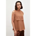 Sateen Aksesuar Detaylı Volanlı Bluz - KAHVE