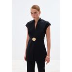 Sateen Aksesuar Kuşaklı Kolsuz Bluz - Siyah